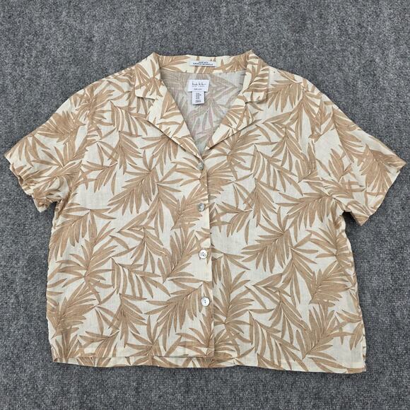 Nicole Miller Shirt Womens Medium Beige Brown Flax Linen Palm Leaf Button Up Top - Picture 1 of 12